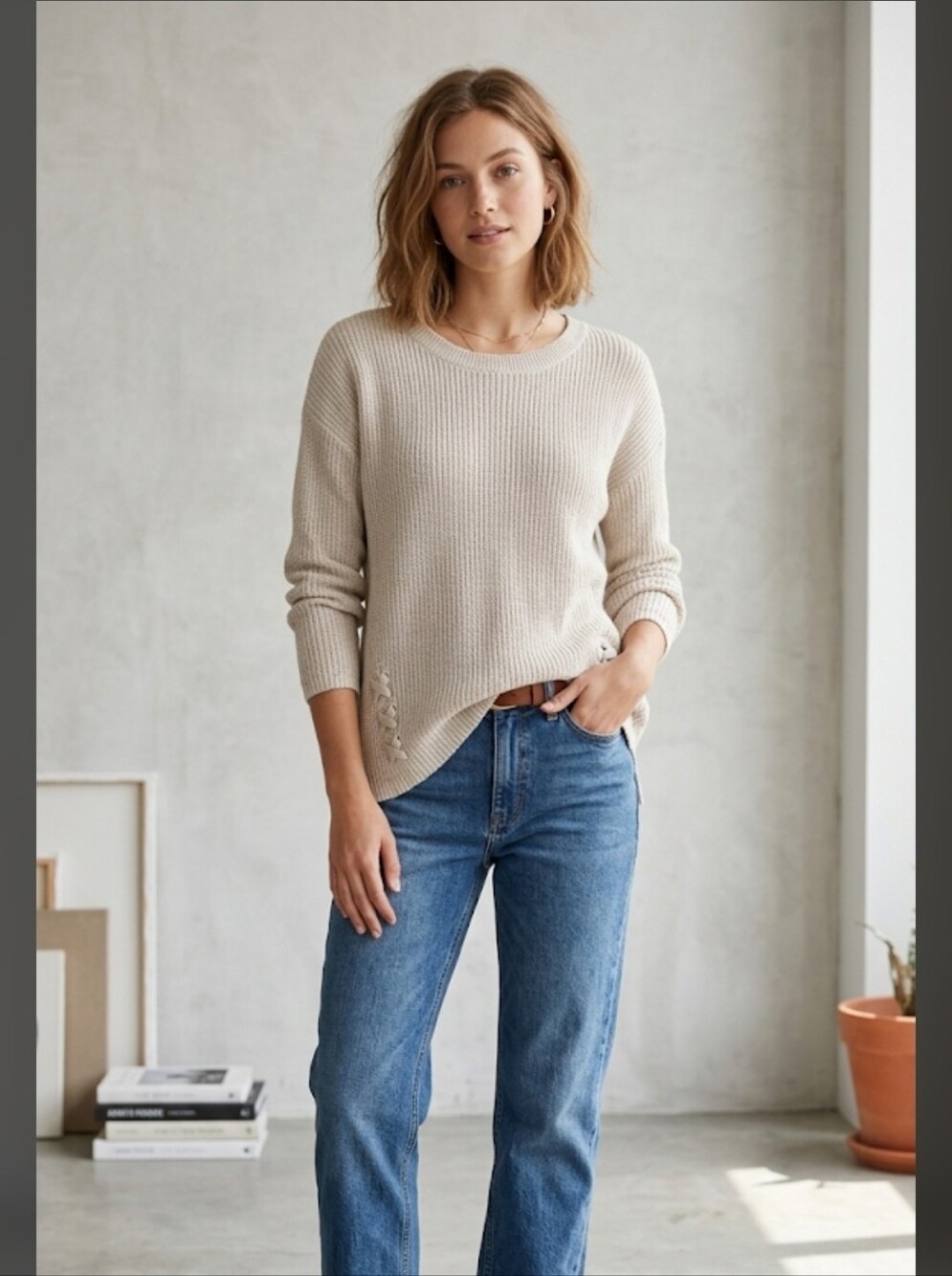 a.n.a A New Approach Women Shimmer Ribbed Knit Sweater Size Large Cotton